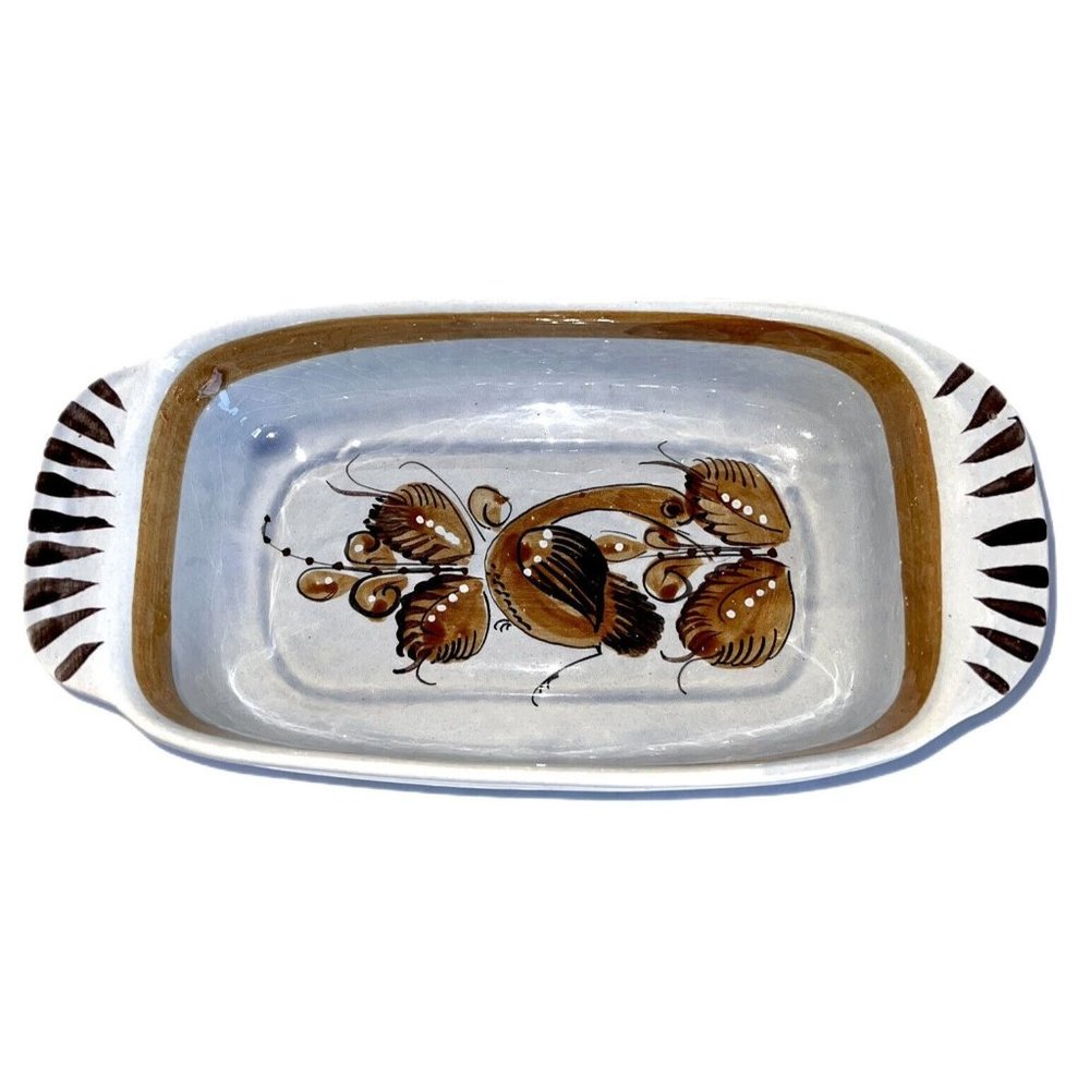 Vintage Tonala Mexican Pottery Rectangle Serving Dish Brown Bird Blueish Glaze
